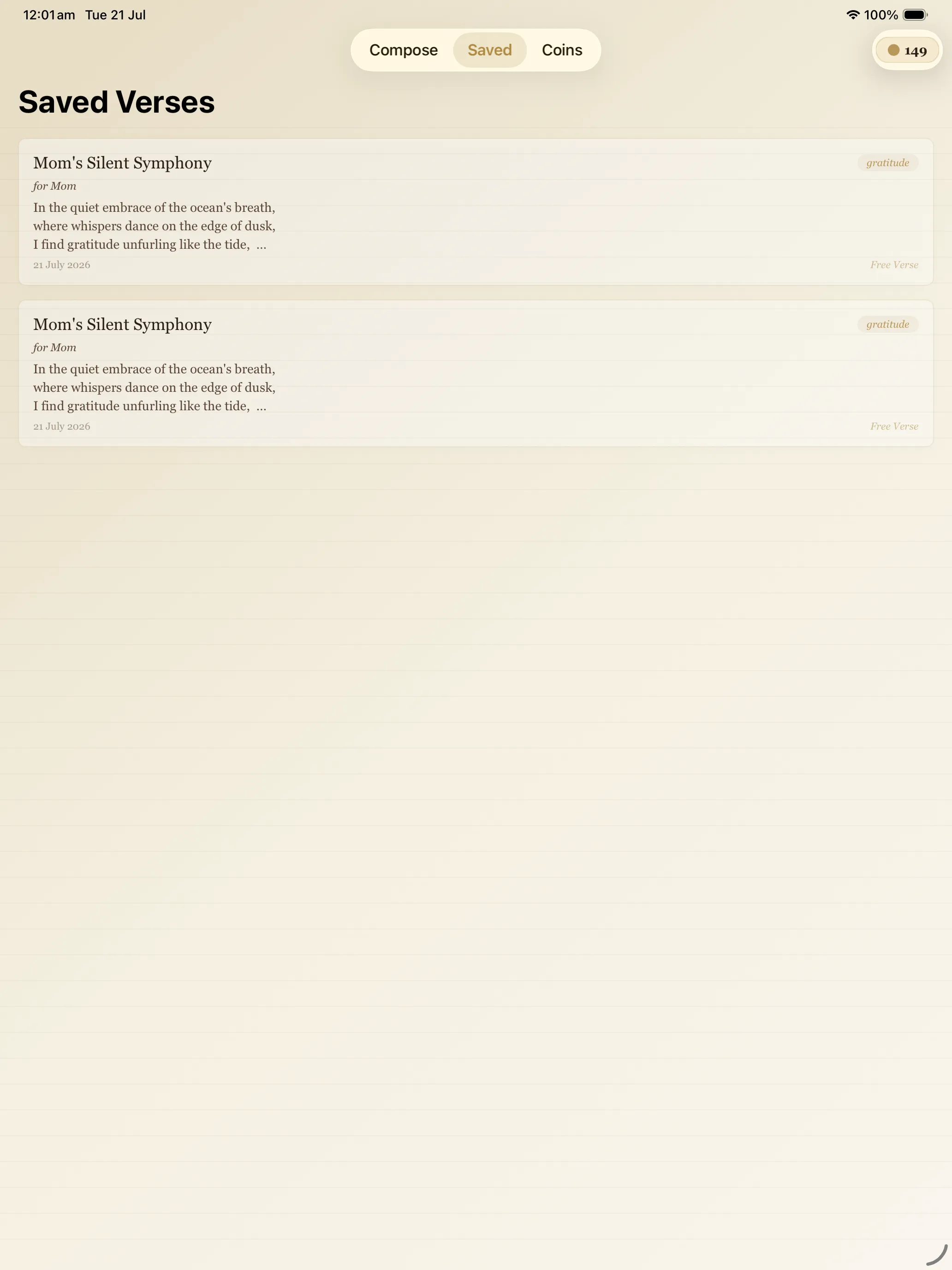 The Saved Verses library on iPad listing kept poems with their moods and forms